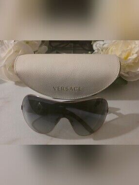 Versace Gold-Trim Shield Sunglasses with Cream Case